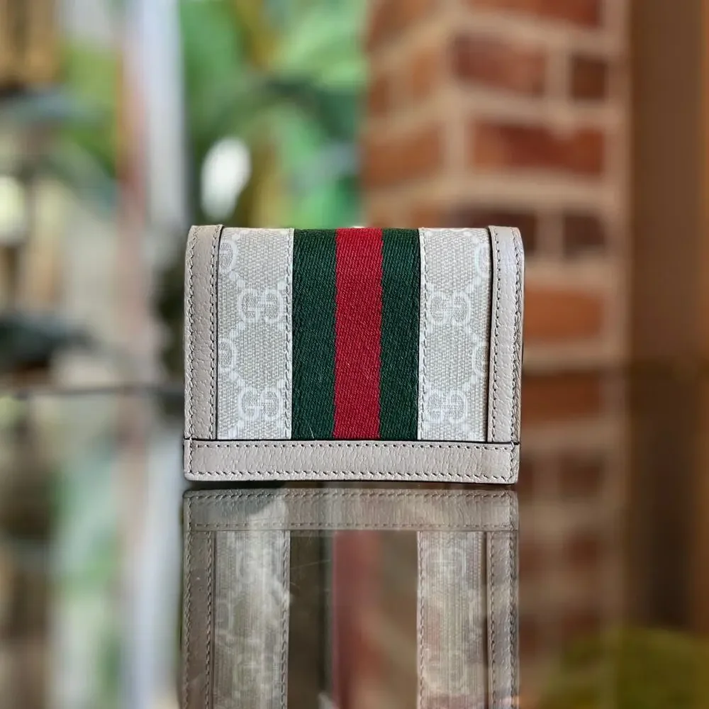 GUCCI Ophidia Beige GG Supreme Monogram Textured Dollar Calfskin Web Card Case